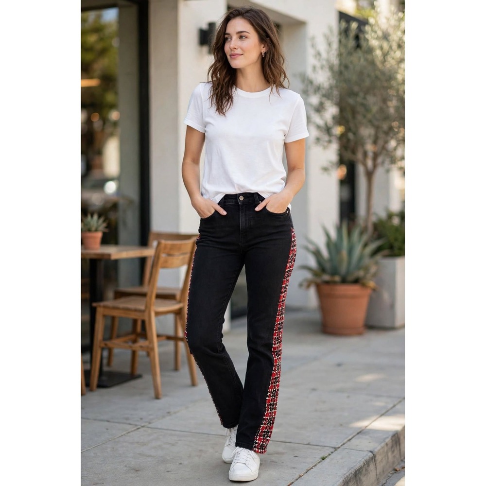Venus Womens 4 Straight Cut Jeans Black Red White Woven Side Stripe Streetwear